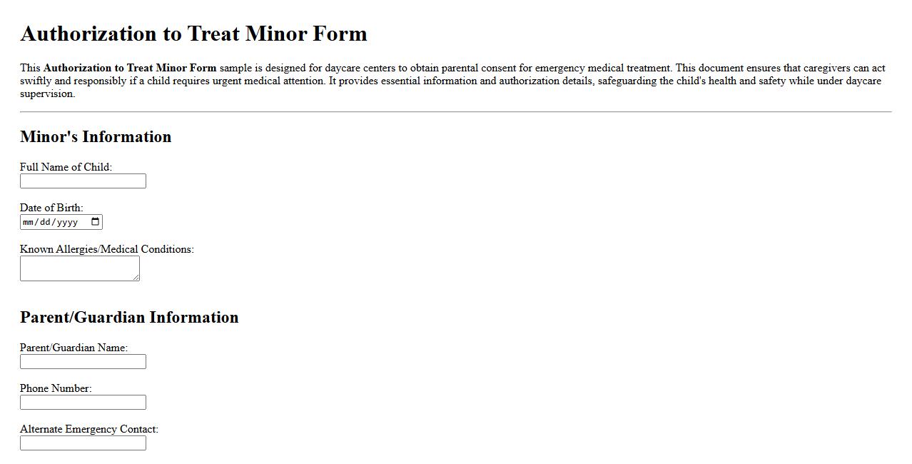 Authorization to treat minor form sample for daycare image preview