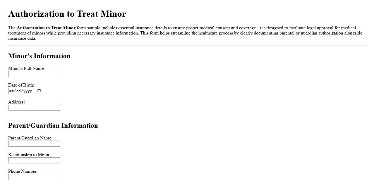Authorization to treat minor form sample with insurance details image preview