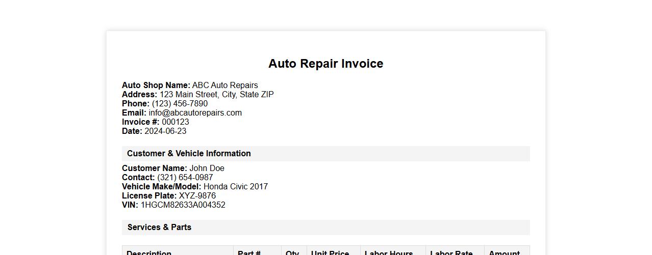 auto repair invoice form sample image preview