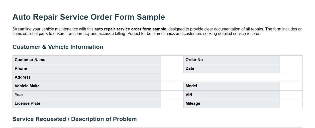 auto repair service order form sample with itemized parts image preview