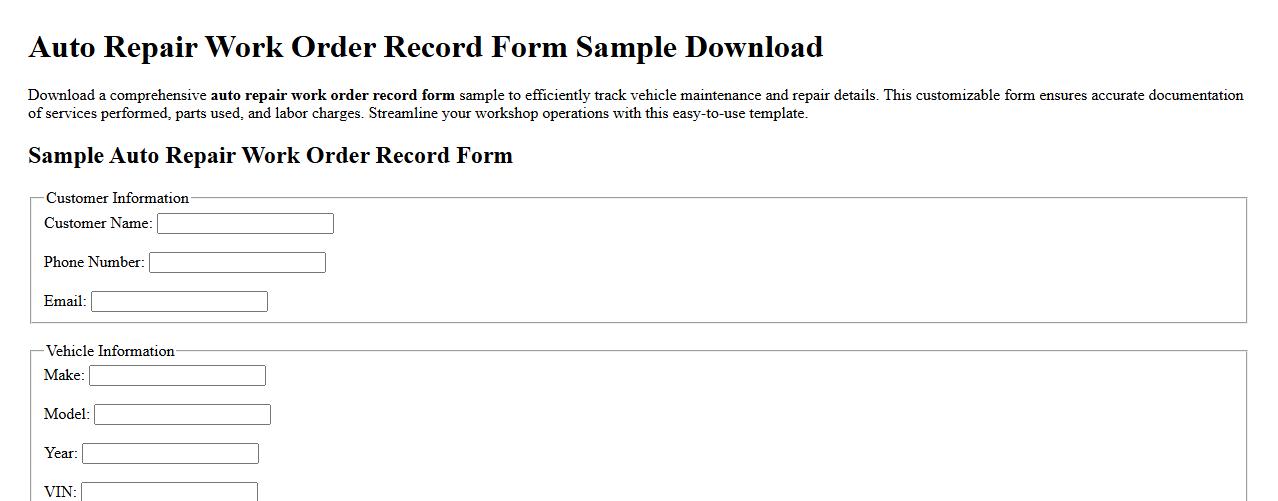 auto repair work order record form sample download image preview