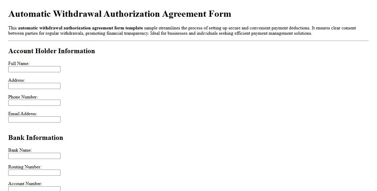 Automatic withdrawal authorization agreement form template sample image preview