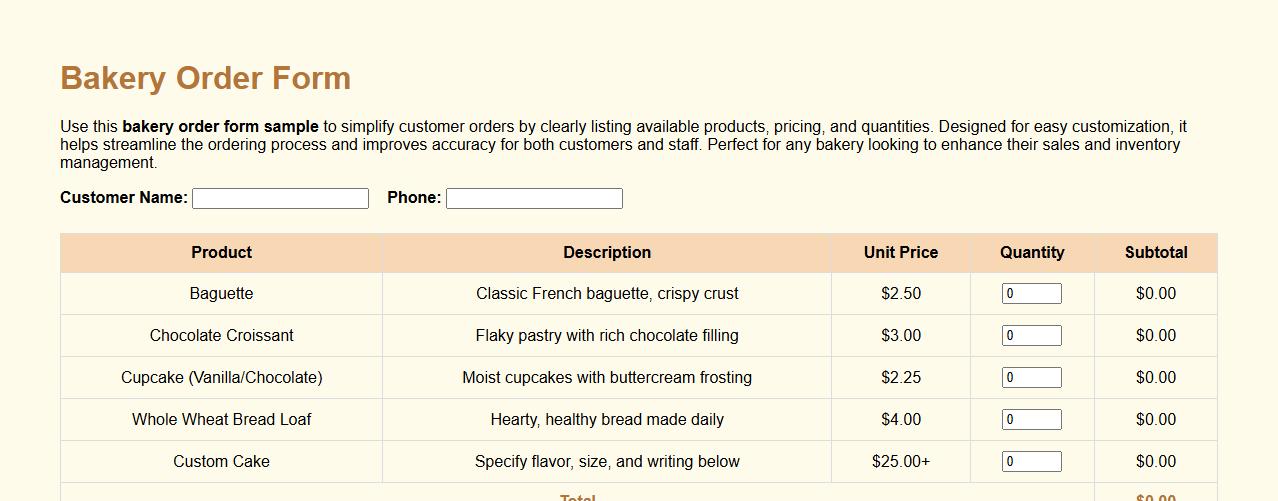 Bakery order form sample with pricing and quantities image preview
