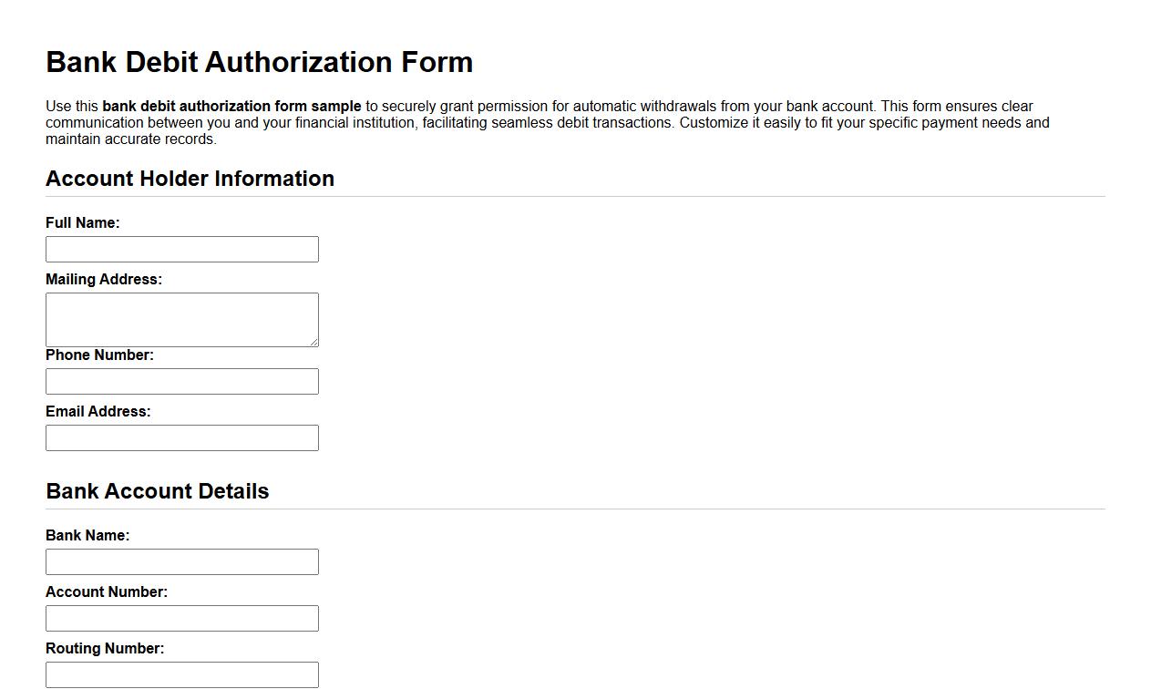 bank debit authorization form sample image preview