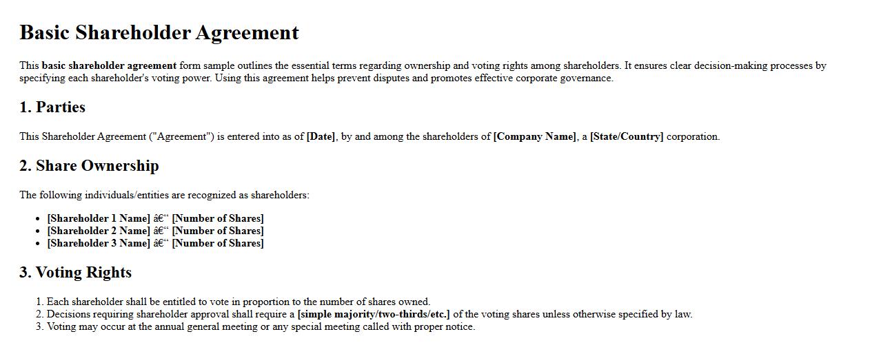 Basic shareholder agreement form sample with voting rights image preview