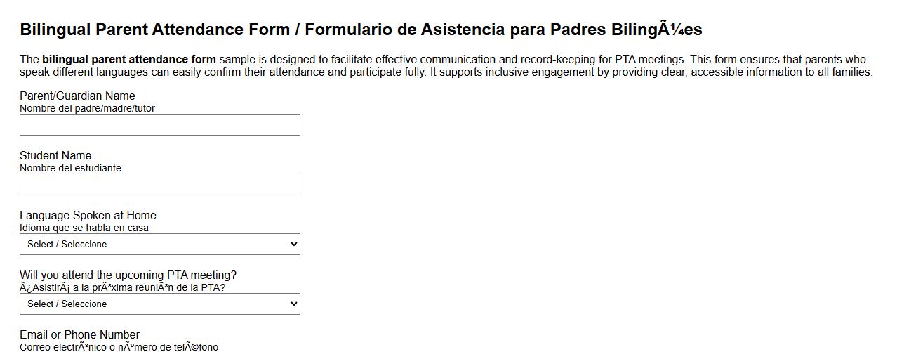 bilingual parent attendance form sample for PTA meetings image preview