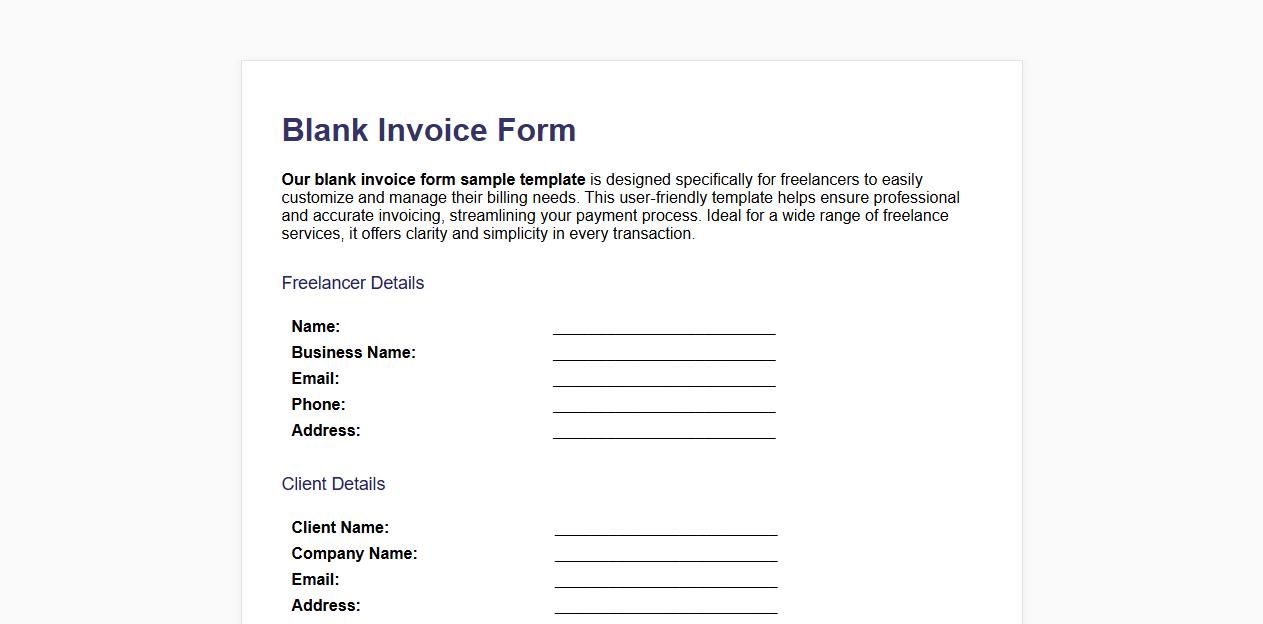 Blank invoice form sample template for freelancers image preview