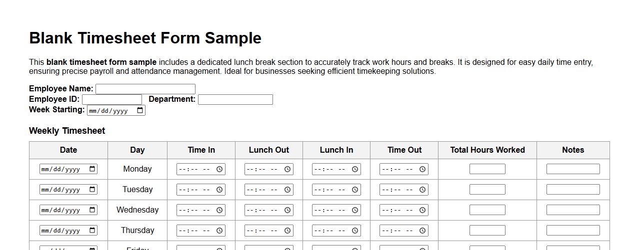 blank timesheet form sample with lunch break section image preview