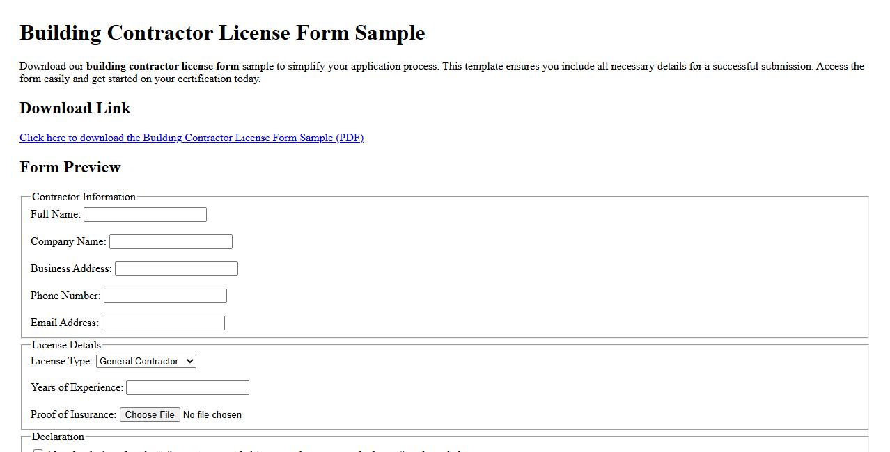 Building contractor license form sample for download image preview