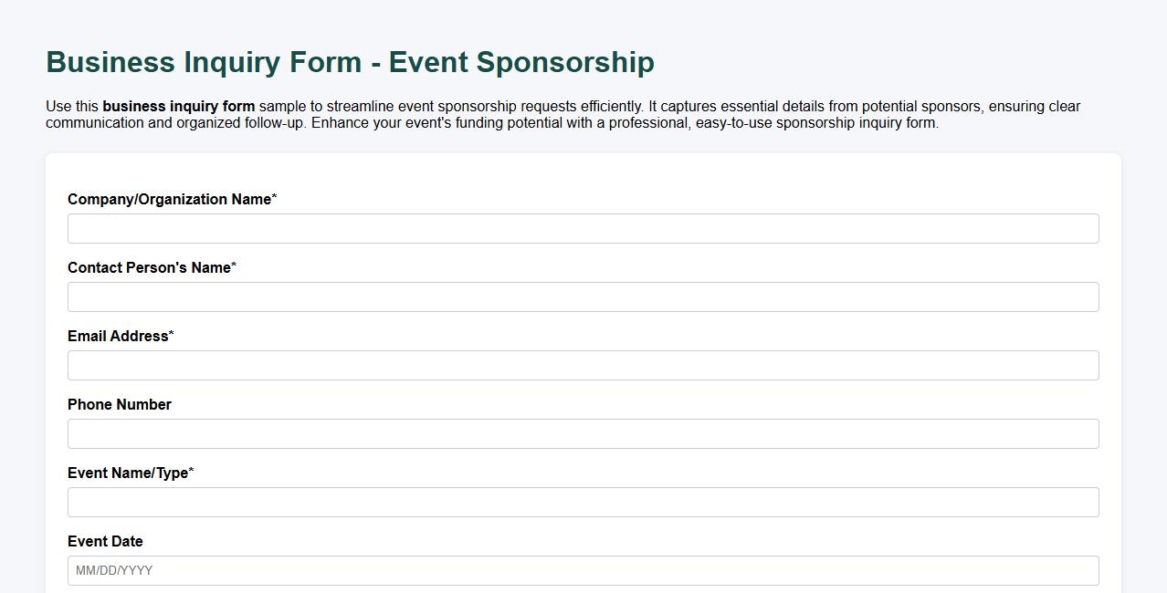 Business inquiry form sample for event sponsorships image preview