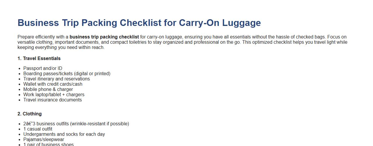 business trip packing checklist for carry-on luggage image preview