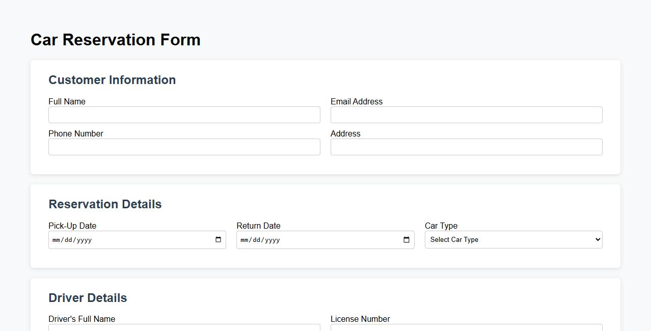 car reservation form sample with driver details image preview