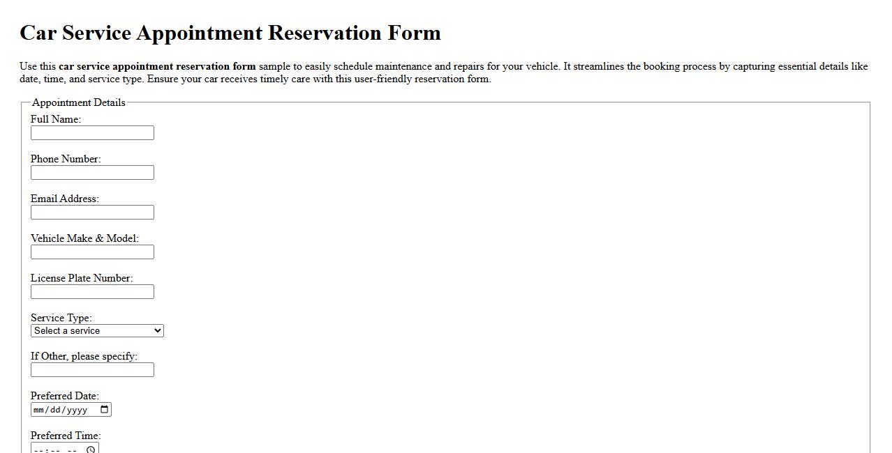 Car service appointment reservation form sample image preview