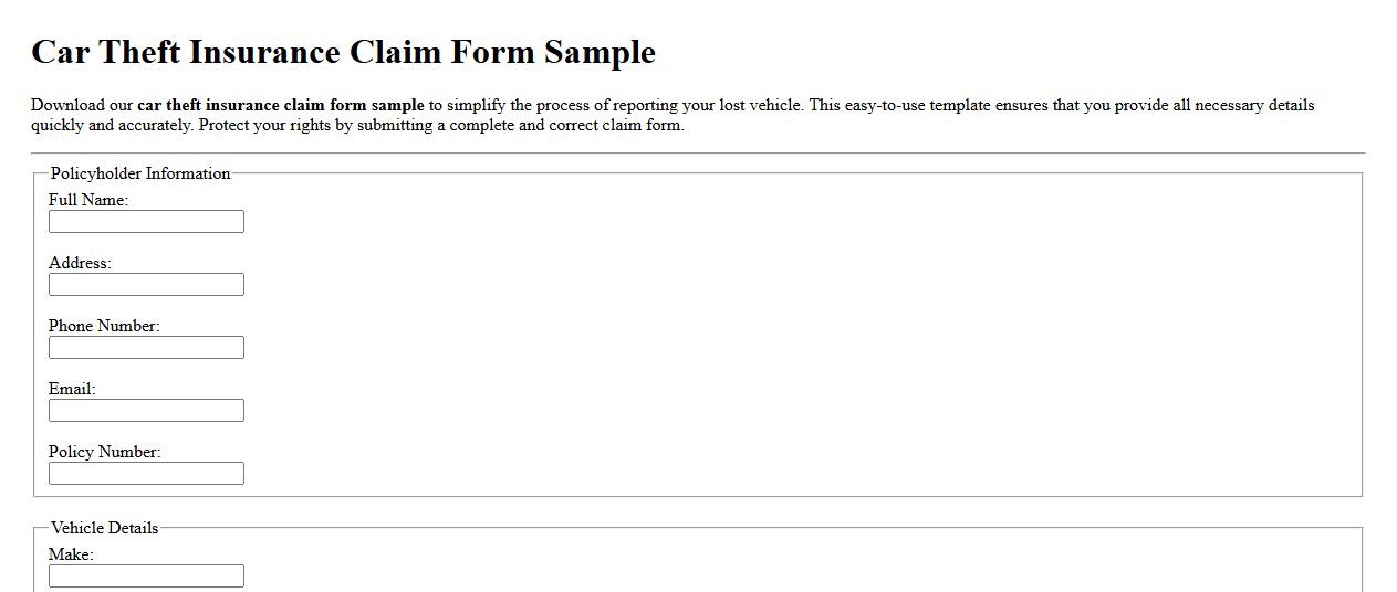 Car theft insurance claim form sample image preview