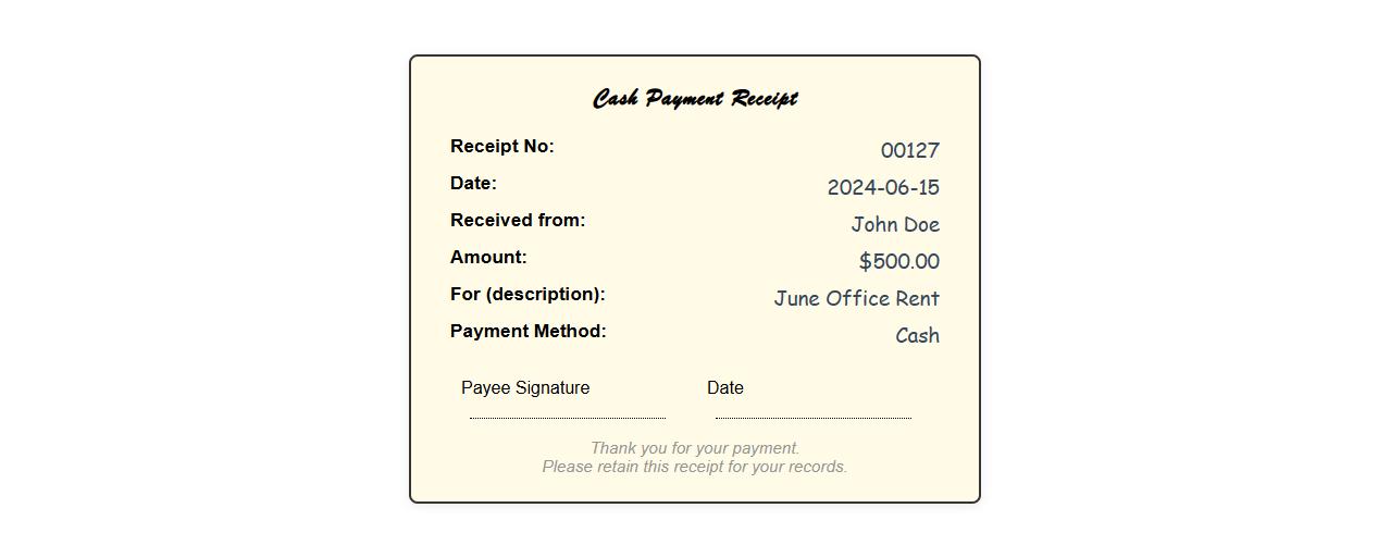Cash payment receipt sample including handwritten format image preview