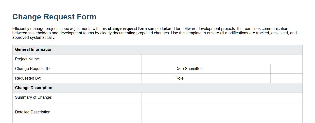 Change request form sample for software development projects image preview