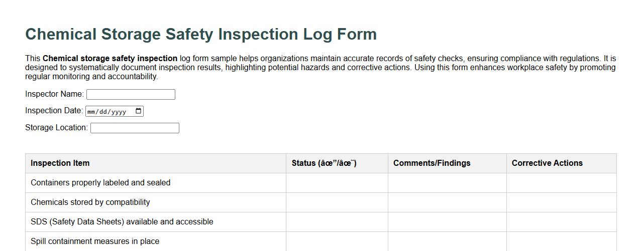 Chemical storage safety inspection log form sample image preview