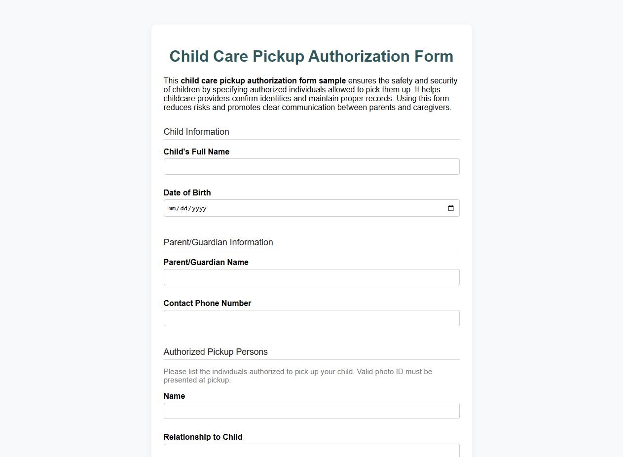 child care pickup authorization form sample image preview