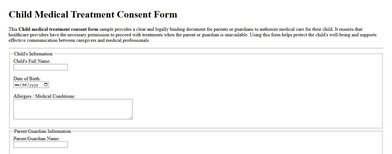 Child medical treatment consent form sample image preview