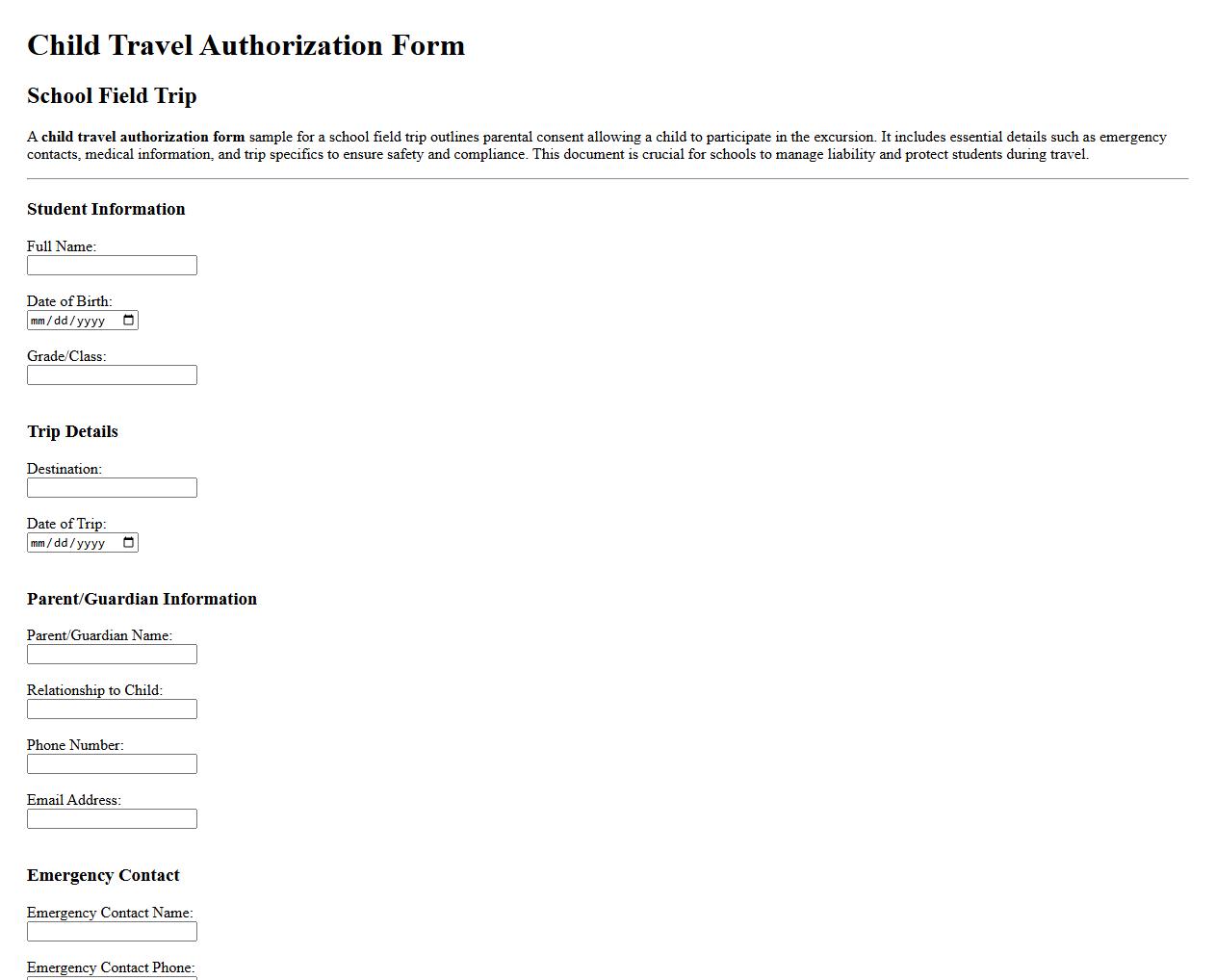 Child travel authorization form sample for school field trip image preview