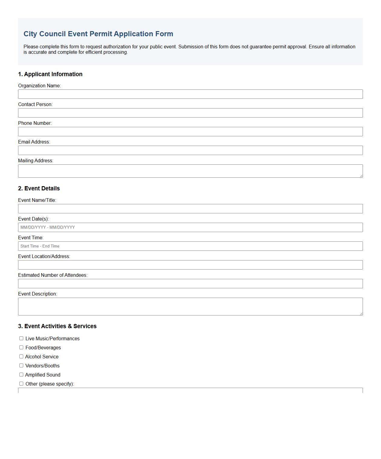 city council event permit application form sample image preview