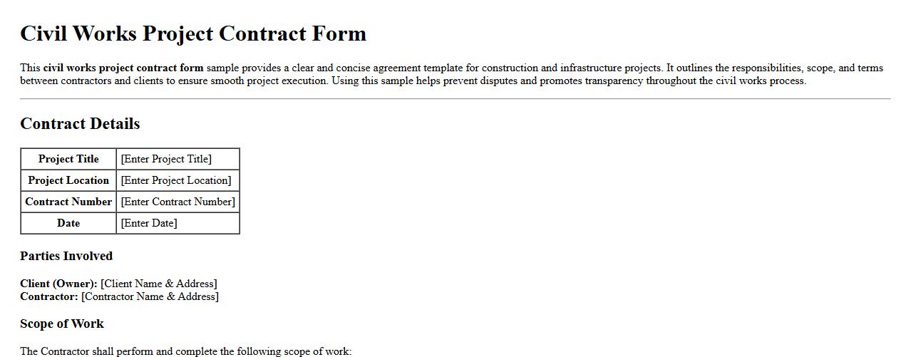 Civil works project contract form sample image preview