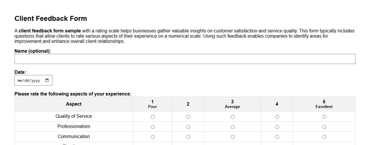 client feedback form sample with rating scale image preview