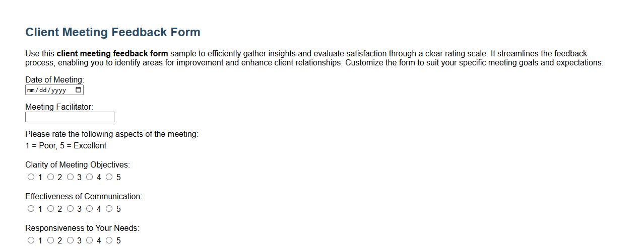 Client meeting feedback form sample with rating scale image preview