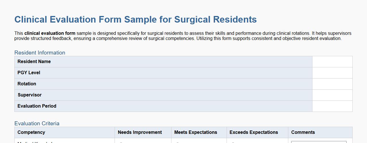 Clinical evaluation form sample for surgical residents image preview