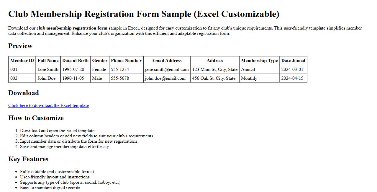 Club membership registration form sample excel customizable image preview
