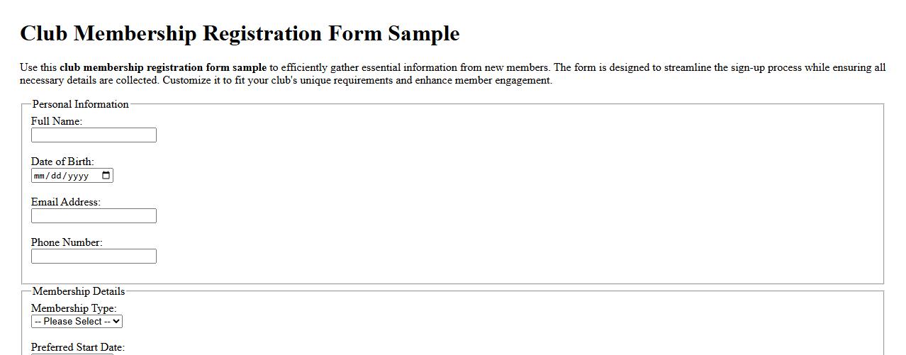 Club membership registration form sample image preview
