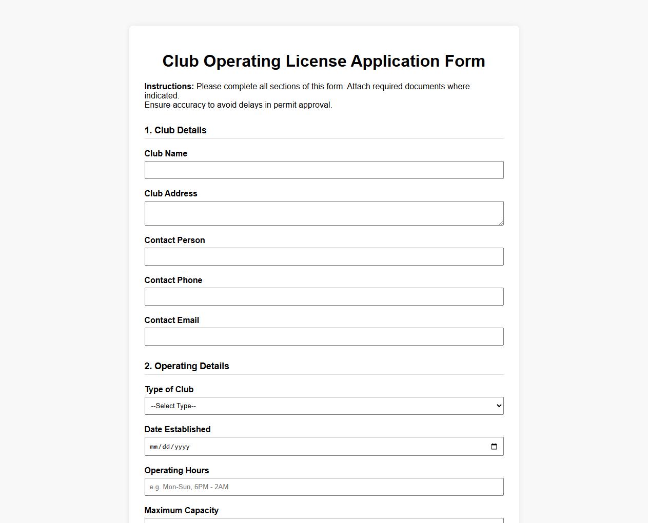 club operating license application form sample example image preview