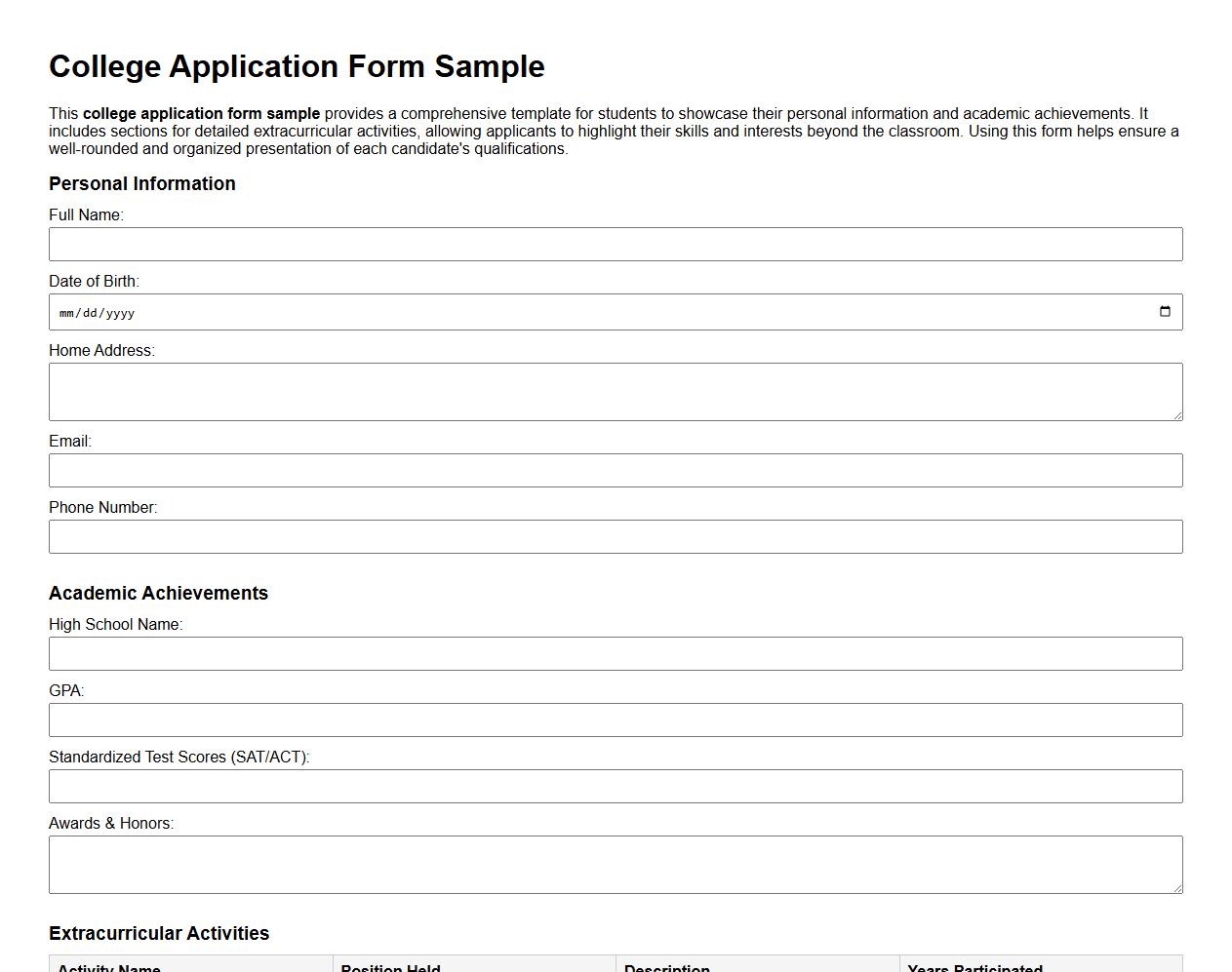 College application form sample including extracurricular activities image preview