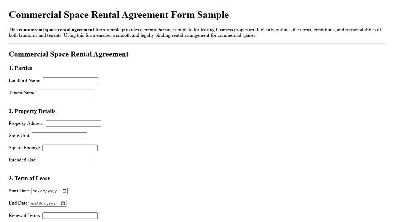 Commercial space rental agreement form sample image preview