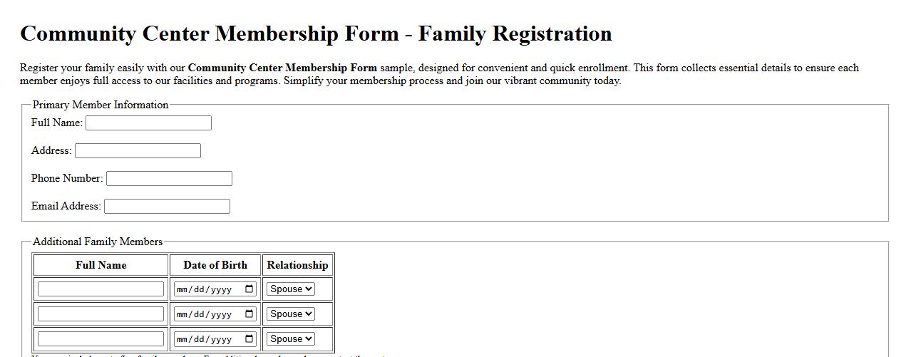 Community center membership form sample for families image preview
