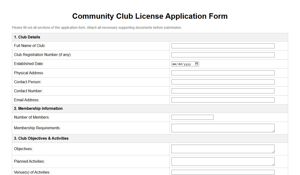 community club license application form sample format image preview