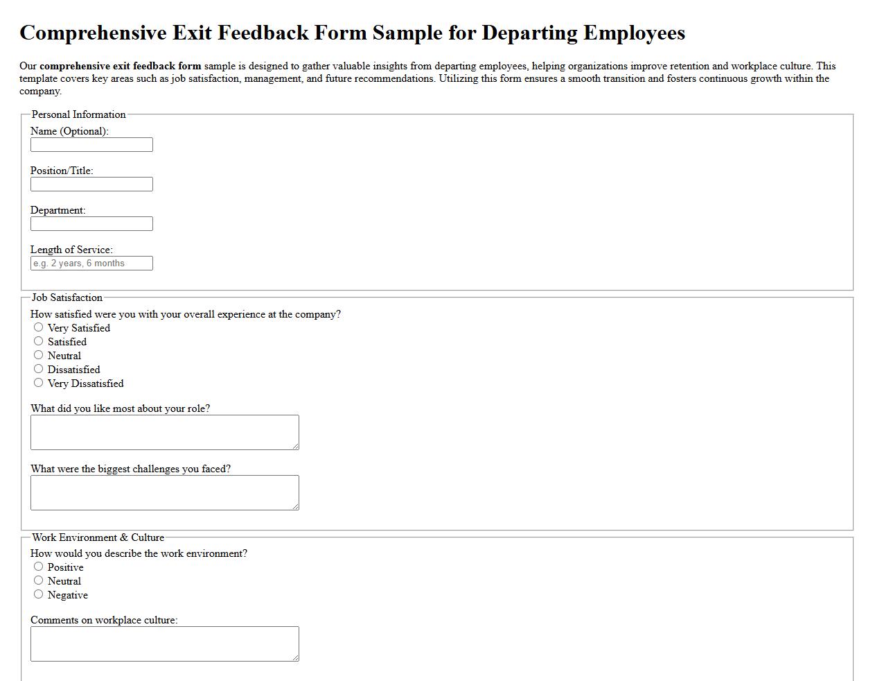 Comprehensive exit feedback form sample for departing employees image preview