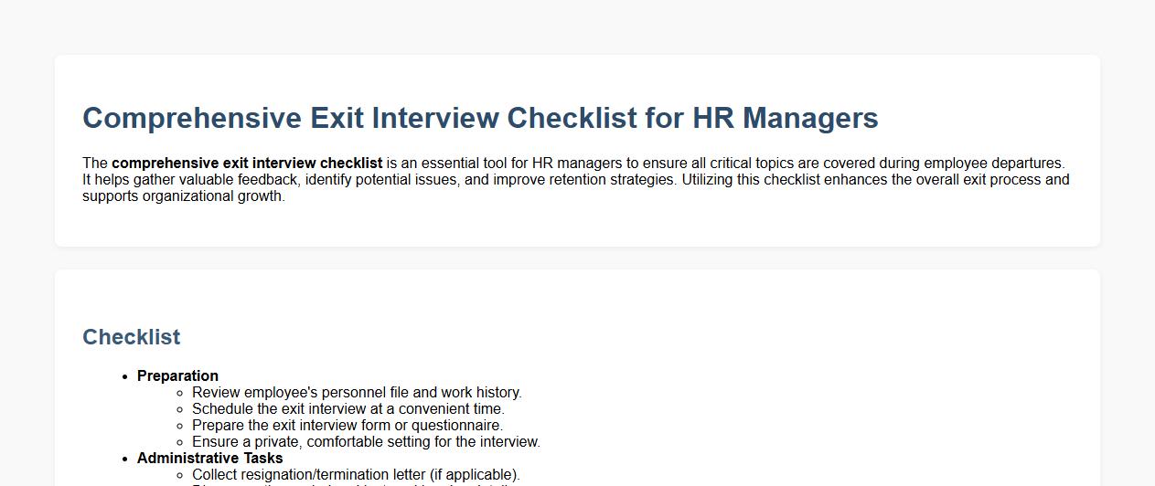 Comprehensive exit interview checklist for HR managers image preview