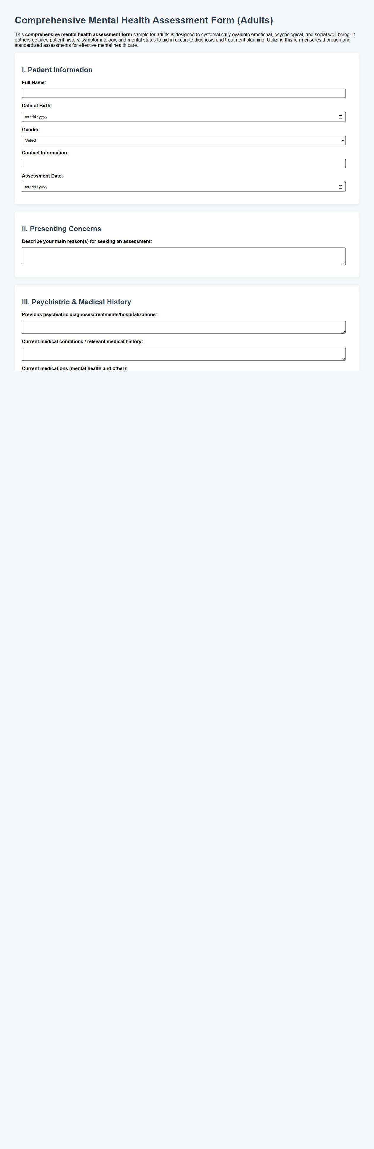 Comprehensive mental health assessment form sample for adults image preview