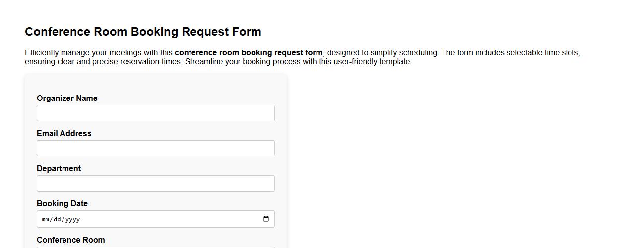 Conference room booking request form sample with time slots image preview