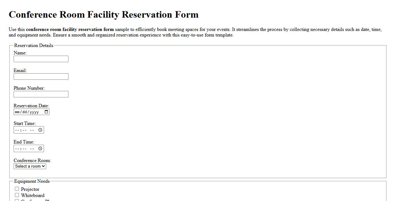 Conference room facility reservation form sample image preview