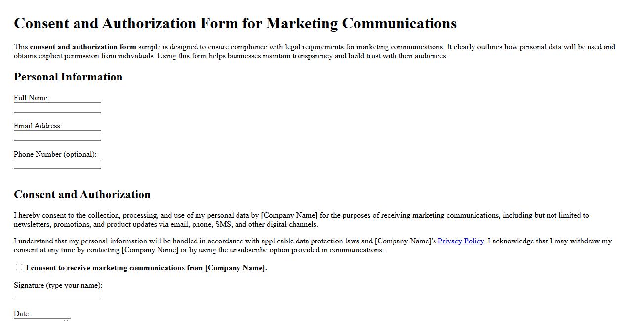 consent and authorization form sample for marketing communications image preview