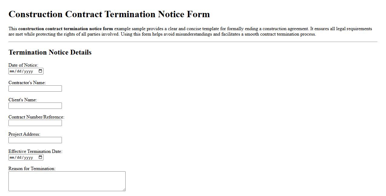 Construction contract termination notice form example sample image preview