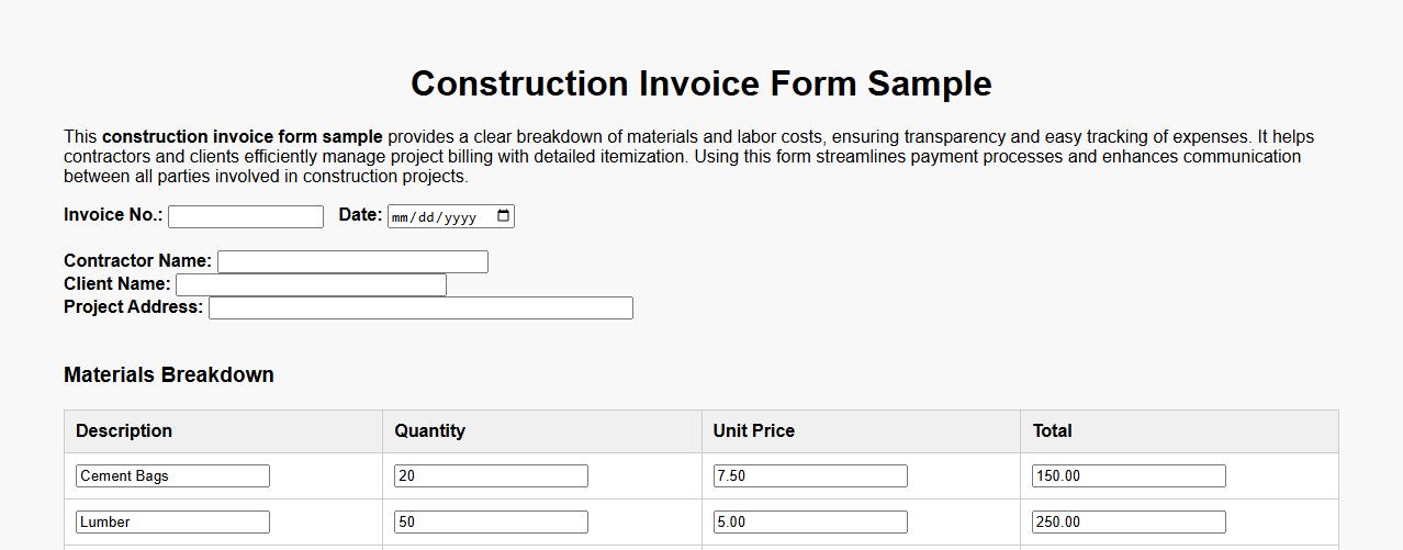Construction invoice form sample with materials and labor breakdown image preview