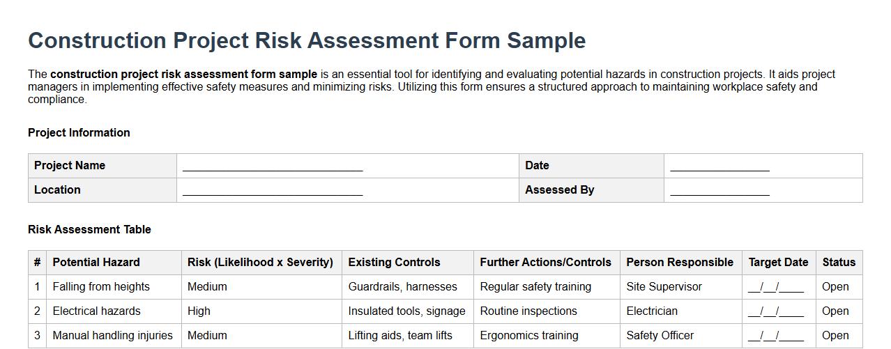 Construction project risk assessment form sample image preview
