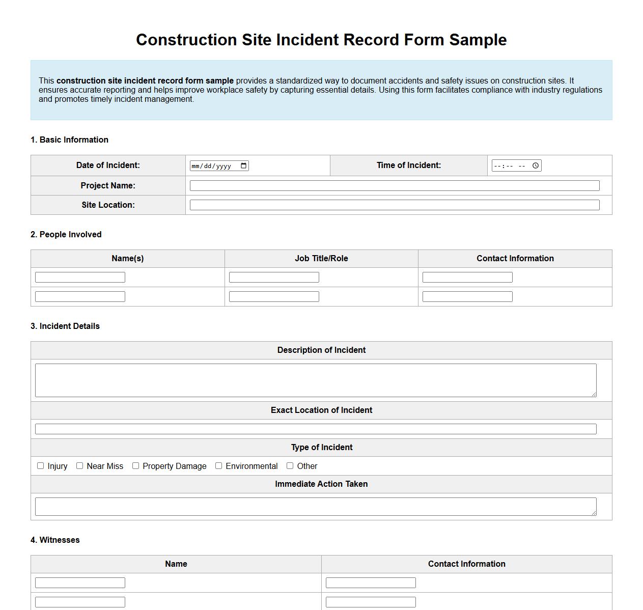 construction site incident record form sample image preview
