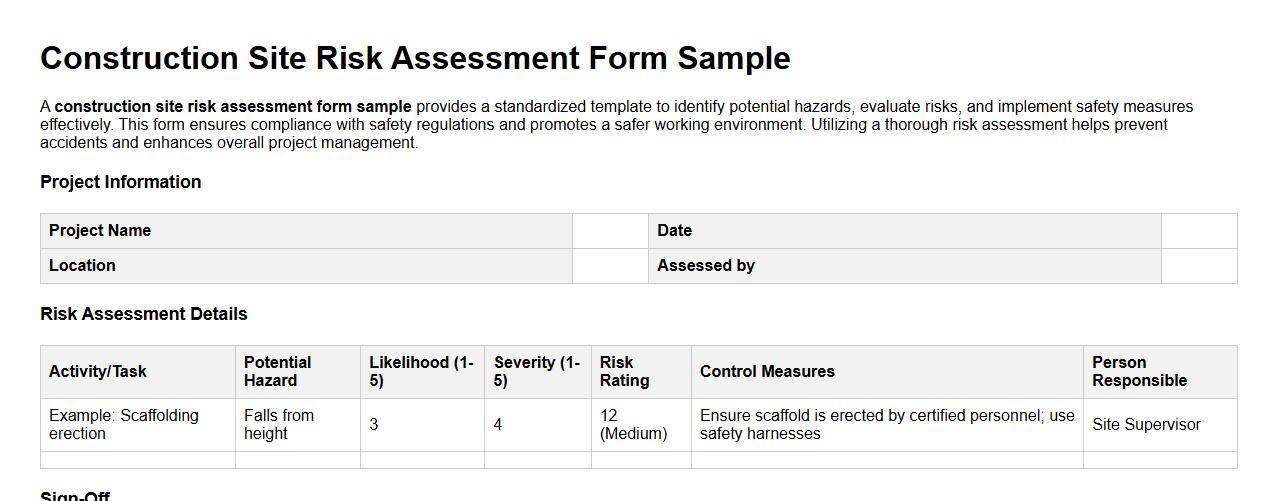 Construction site risk assessment form sample image preview