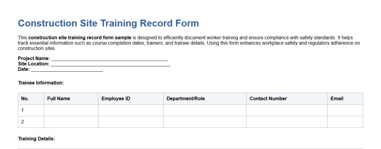 construction site training record form sample image preview