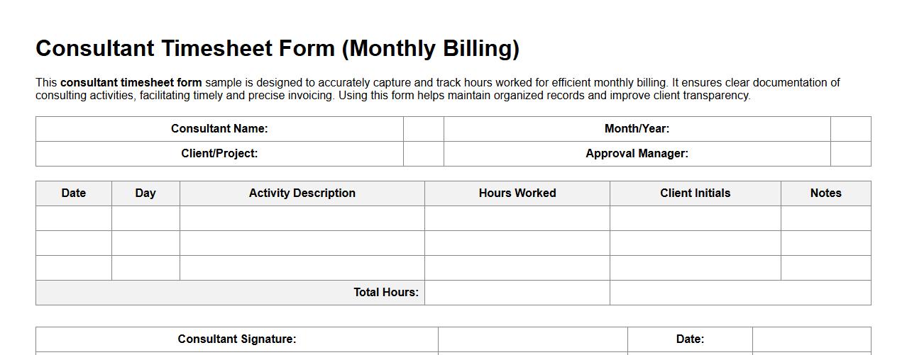 Consultant timesheet form sample for monthly billing image preview