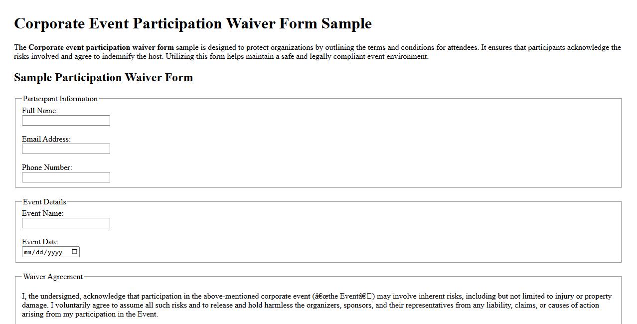 Corporate event participation waiver form sample image preview